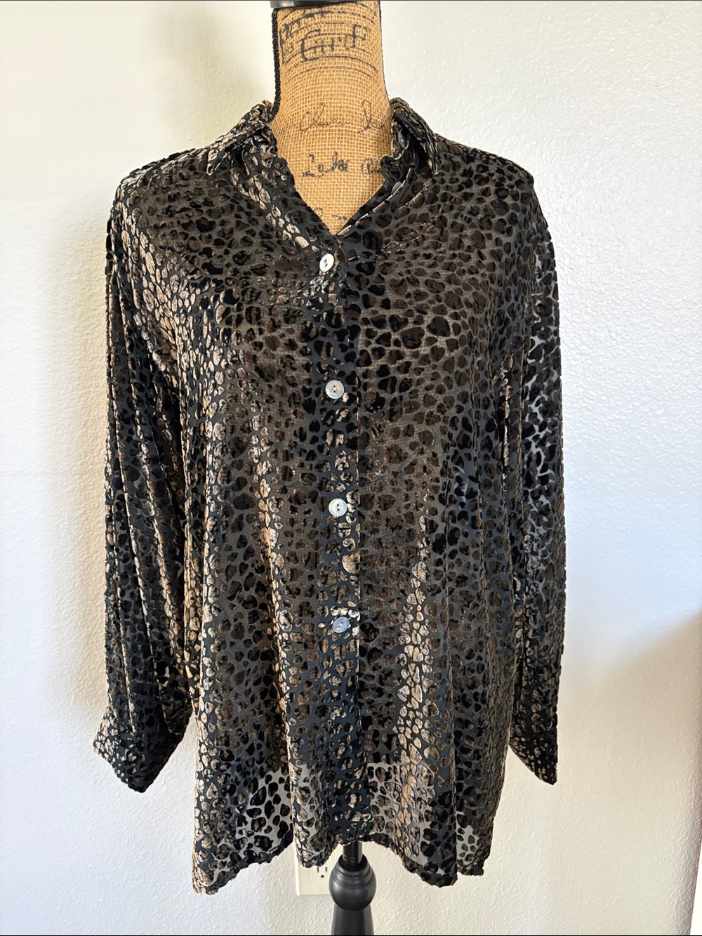 Vintage Burnout Velvet Leopard-Print Button-Down Top